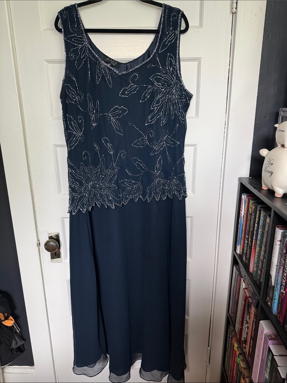 J Kara Navy Beaded Sleeveless Maxi Dress